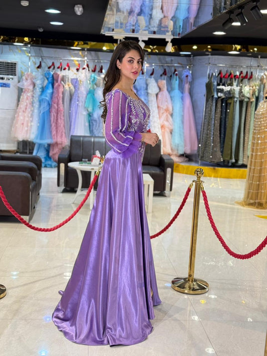 Purple Embroidered Long Sleeve Evening Gown