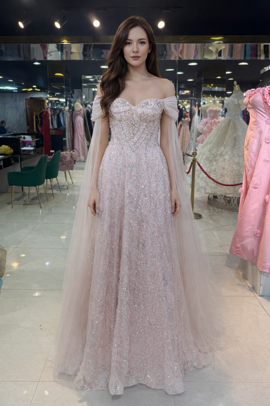 Blush Crystal Off-Shoulder Couture Gown