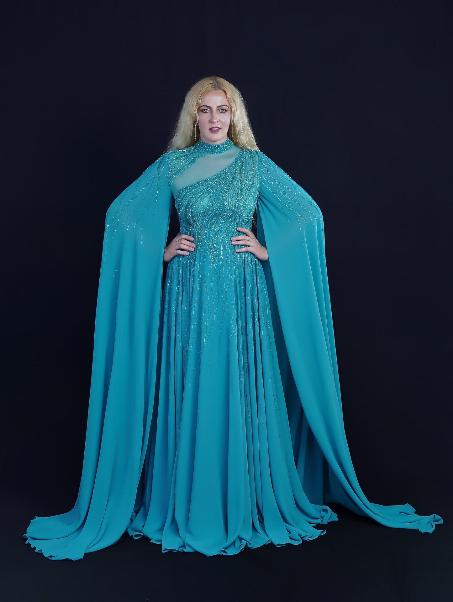 Teal Embellished Cape Gown – Elegant Evening