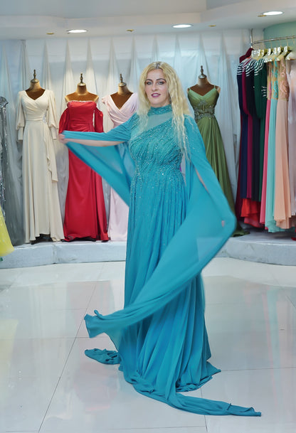 Teal Embellished Cape Gown – Elegant Evening