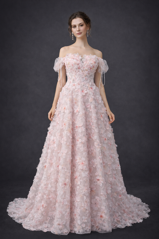 Blush Floral Off-Shoulder Ball Gown