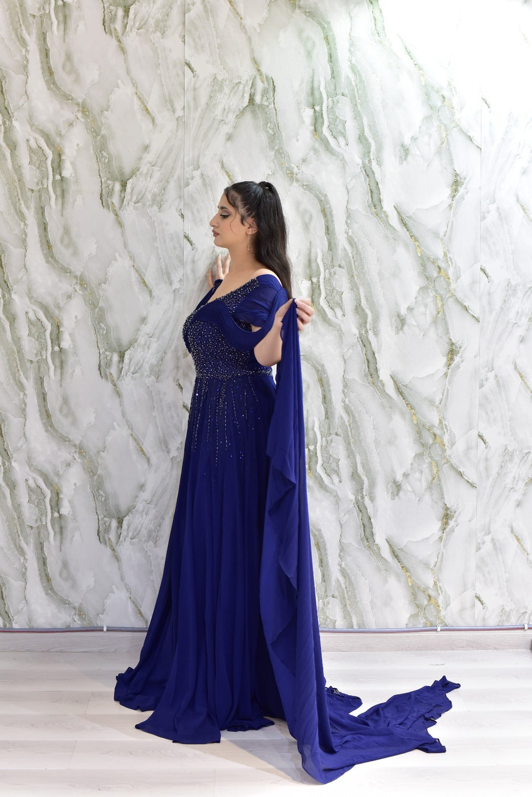Royal Blue Embellished Cape Gown