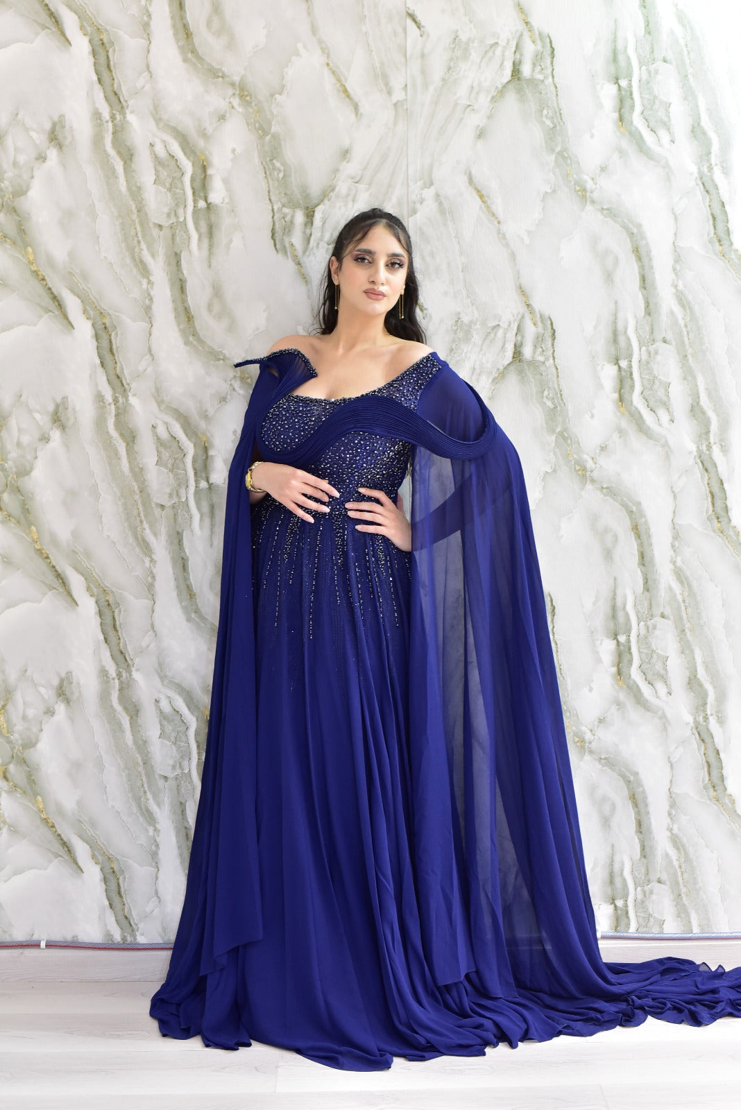 Royal Blue Embellished Cape Gown