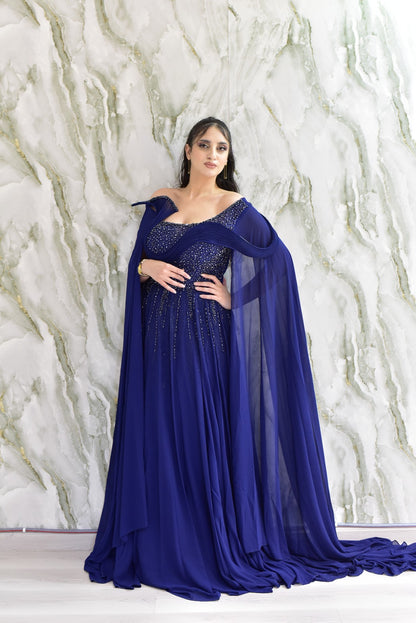 Royal Blue Embellished Cape Gown