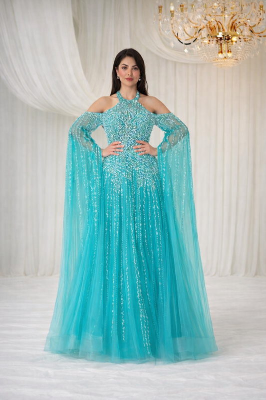 Turquoise Embellished Halter Neck Evening Gown