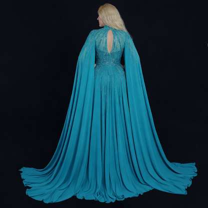 Teal Embellished Cape Gown – Elegant Evening