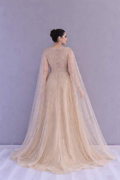 Champagne Embellished Cape Gown – Elegant Evening