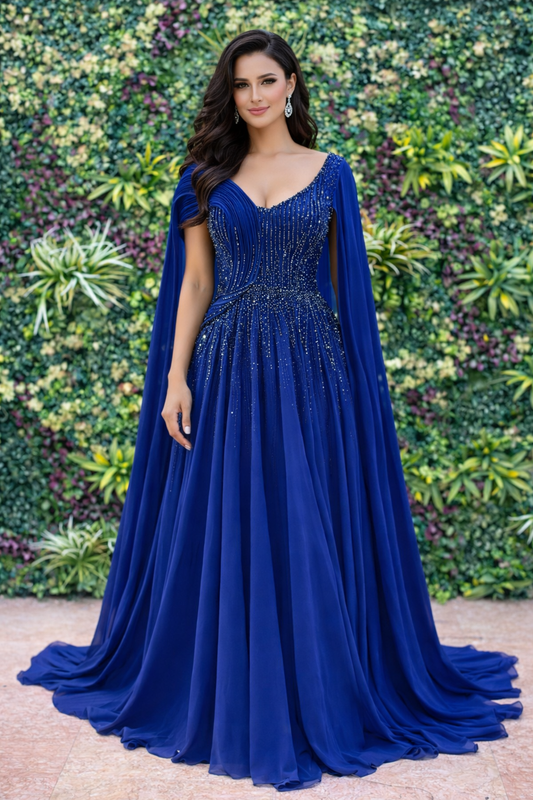 Beaded Evening Gown with Cape Sleeves