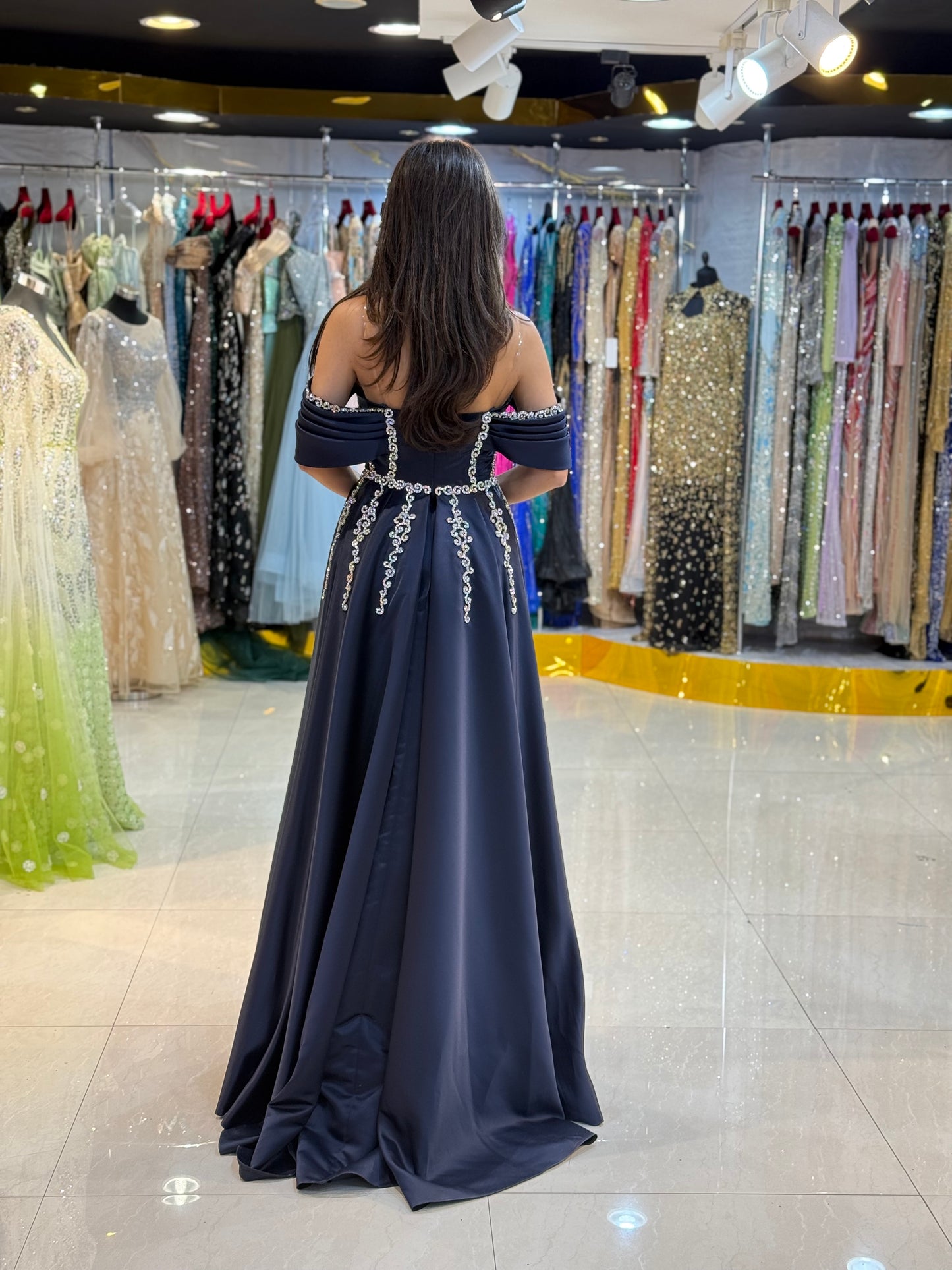 Navy Blue Crystal Embellished Off-Shoulder Evening Gown