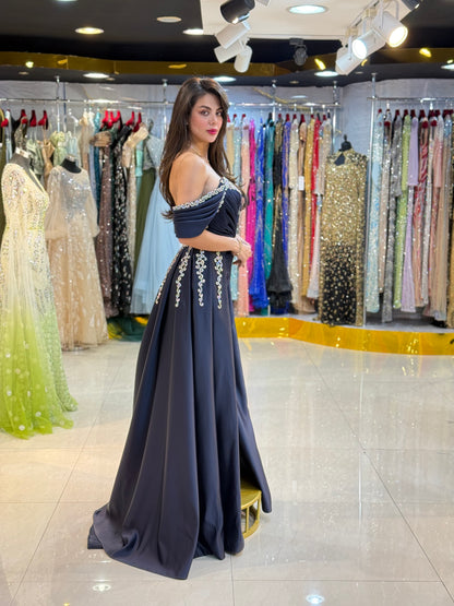 Navy Blue Crystal Embellished Off-Shoulder Evening Gown