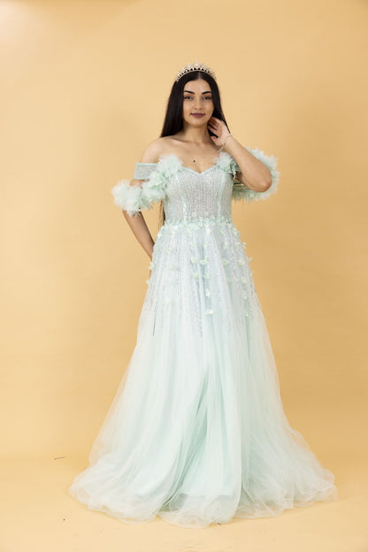 Mint Green Off-Shoulder Embellished Tulle Ball Gown