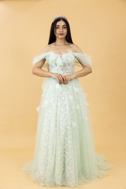 Mint Green Off-Shoulder Embellished Tulle Ball Gown