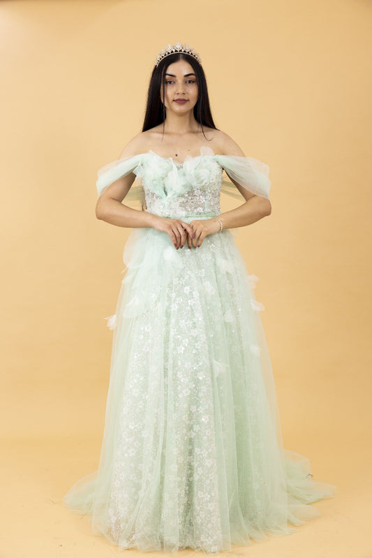 Mint Green Off-Shoulder Embellished Tulle Ball Gown