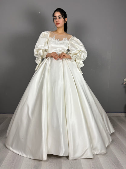 Satin Puff Sleeve Bridal Ball Gown