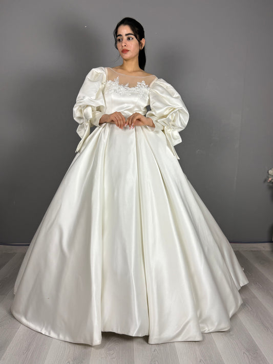 Satin Puff Sleeve Bridal Ball Gown