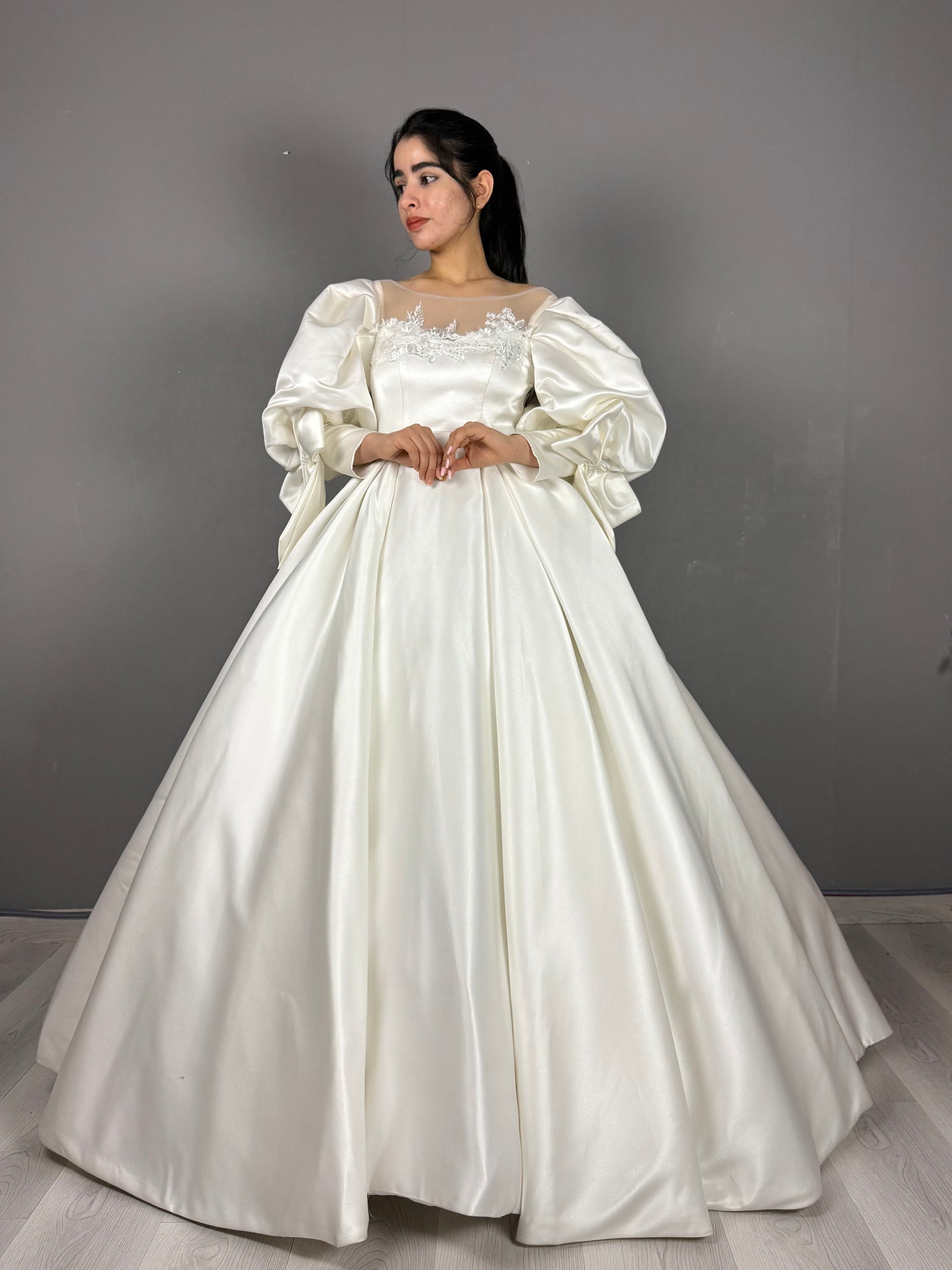 Satin Puff Sleeve Bridal Ball Gown