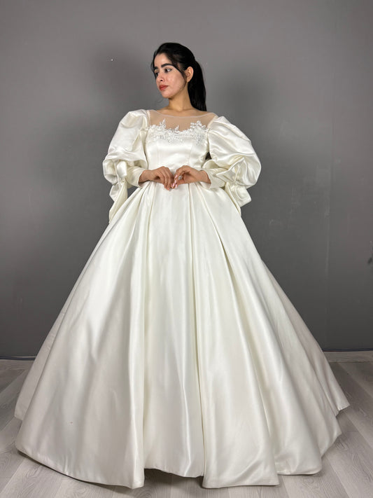 Satin Puff Sleeve Bridal Ball Gown