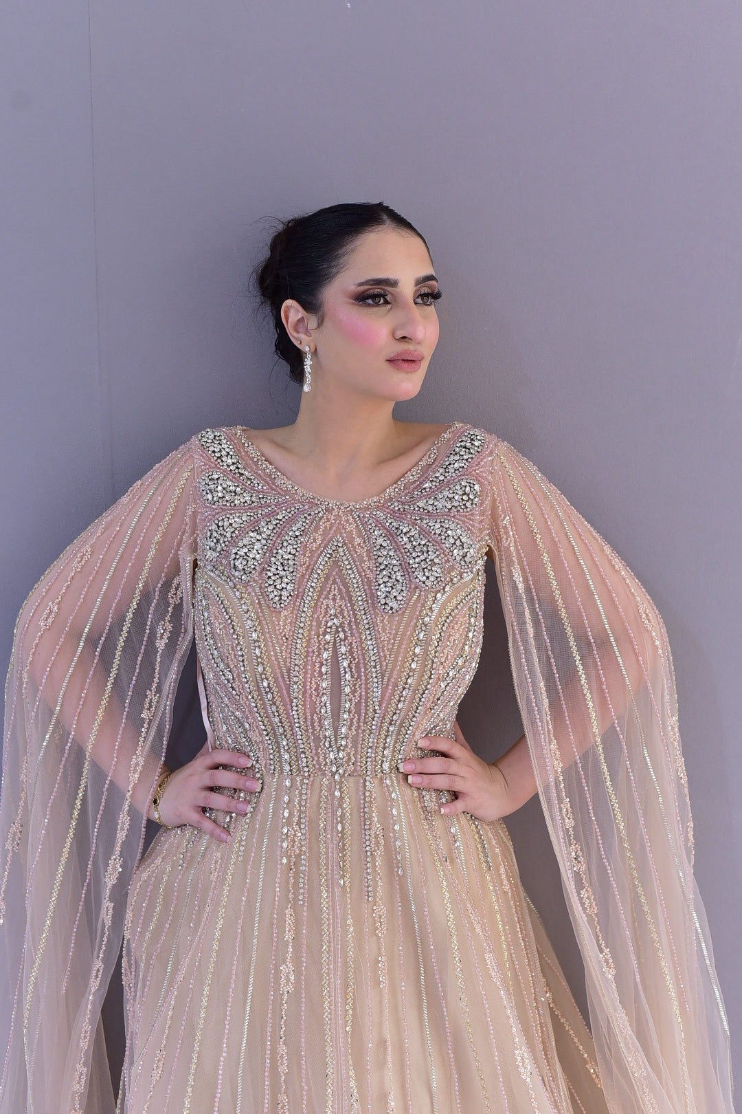 Champagne Embellished Cape Gown – Elegant Evening