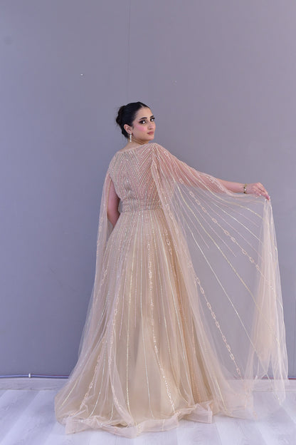 Champagne Embellished Cape Gown – Elegant Evening
