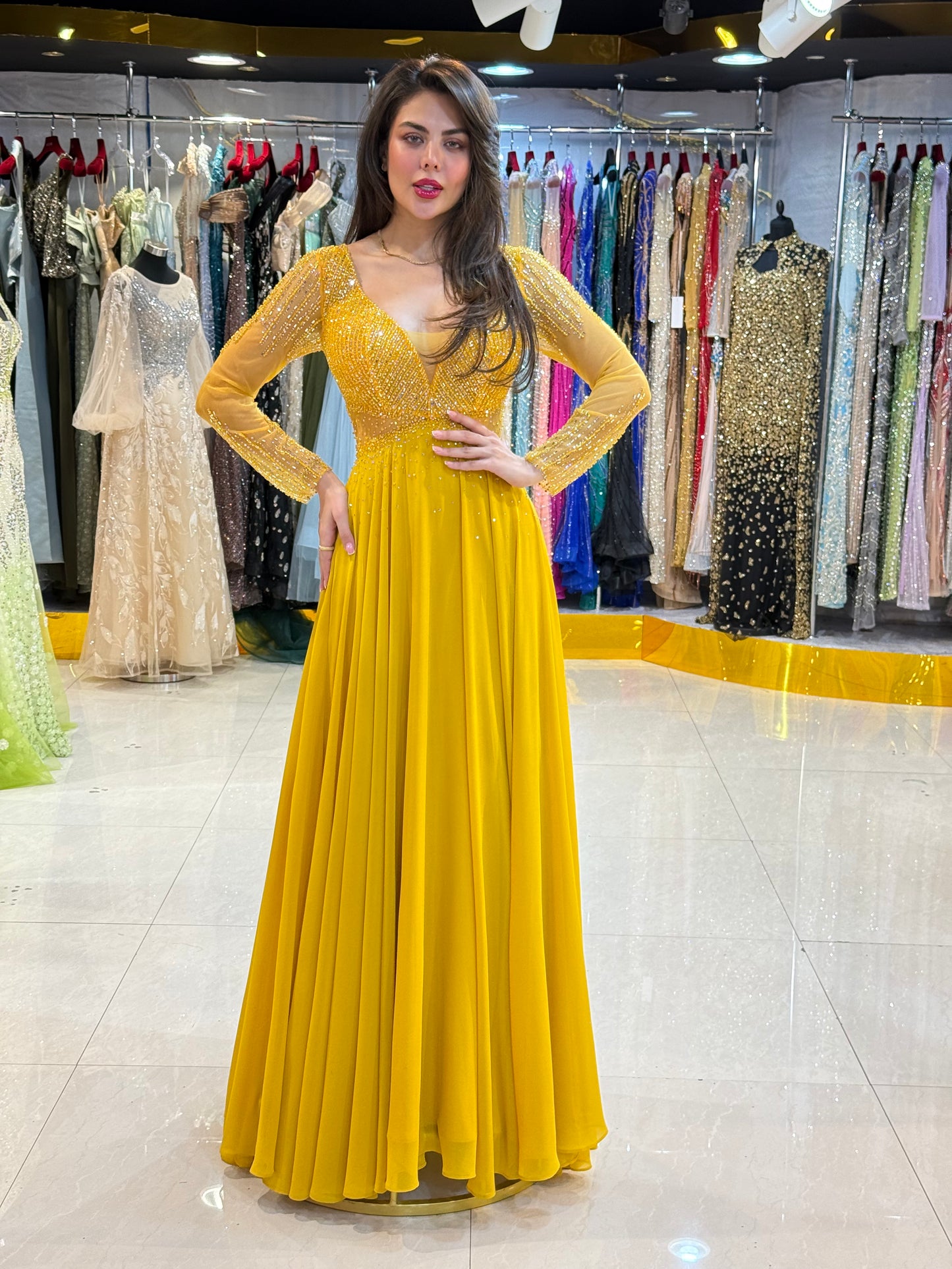 Embellished Long Sleeve Evening Gown