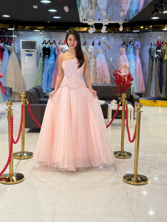 Blush Pink Embellished Tulle Prom Dress