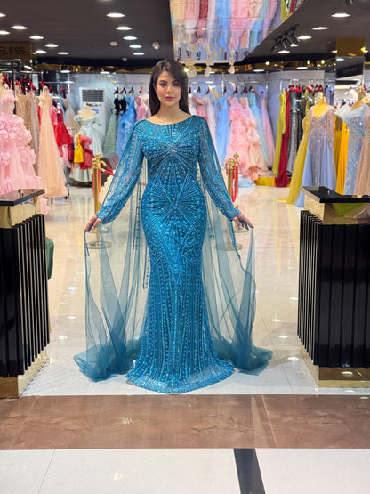 Elegant Beaded Cape Sleeve Evening Gown