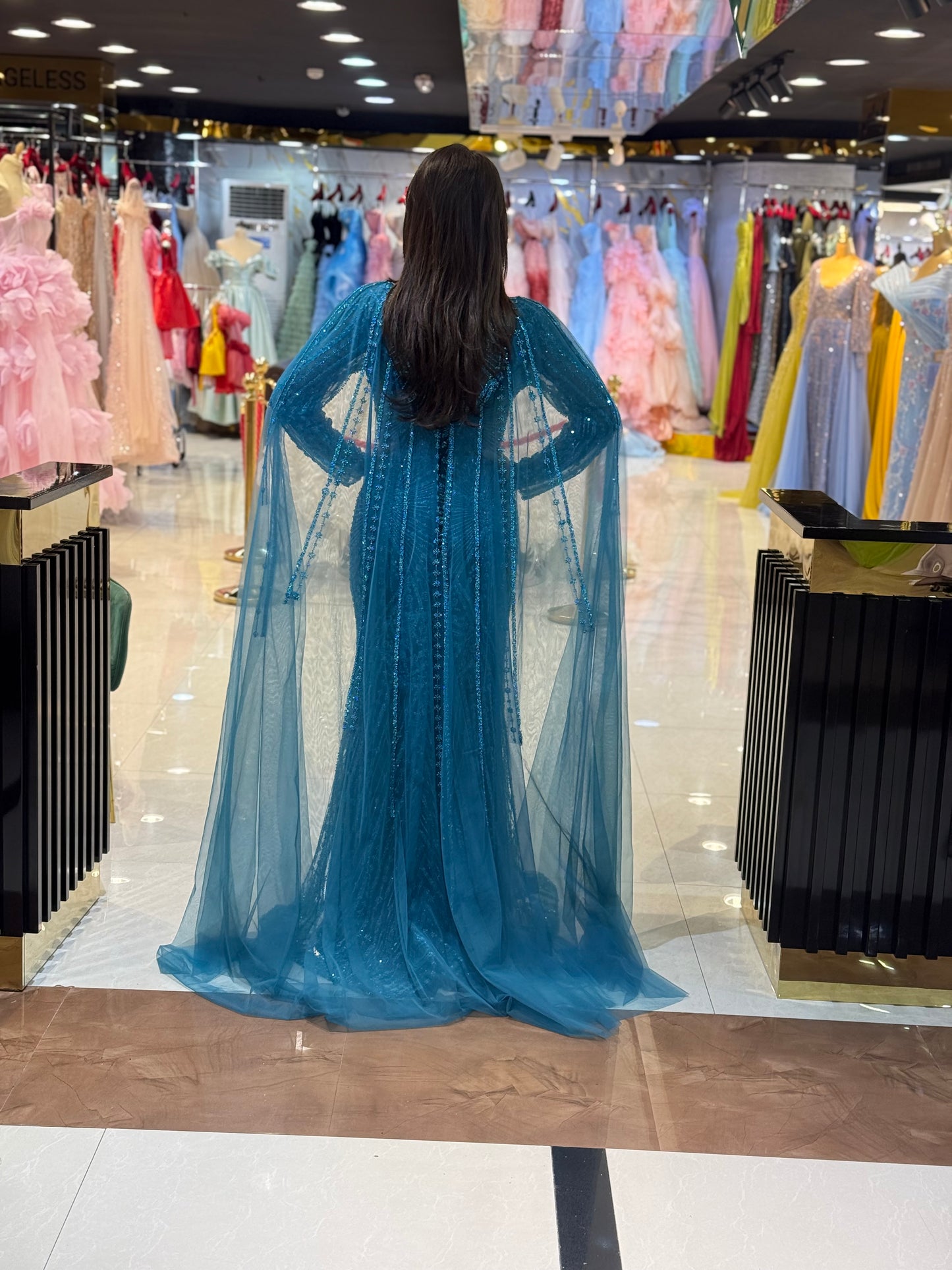 Elegant Beaded Cape Sleeve Evening Gown