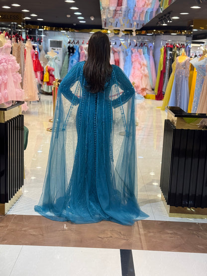 Elegant Beaded Cape Sleeve Evening Gown