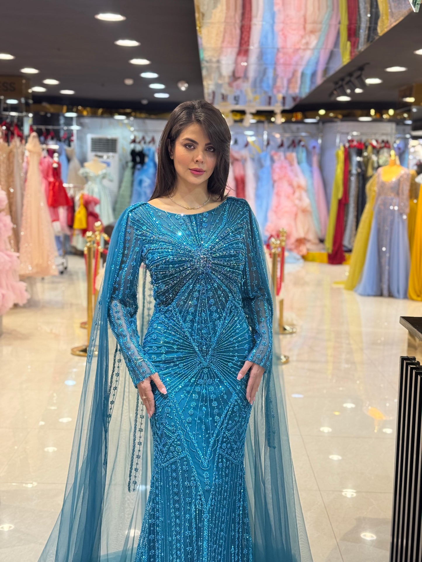 Elegant Beaded Cape Sleeve Evening Gown