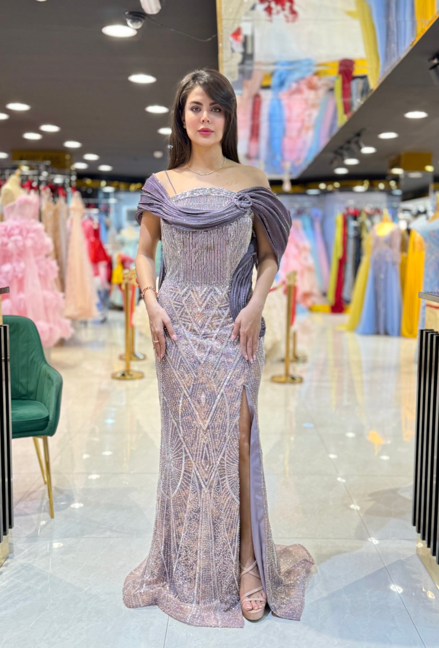 Off-Shoulder Embellished Evening Gown