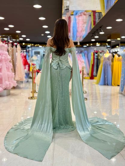 Elegant Off-Shoulder Embellished Evening Gown with Draped Sleeves