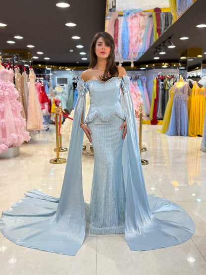 Elegant Off-Shoulder Embellished Evening Gown with Draped Sleeves