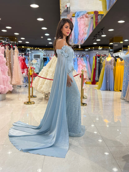 Elegant Off-Shoulder Embellished Evening Gown with Draped Sleeves