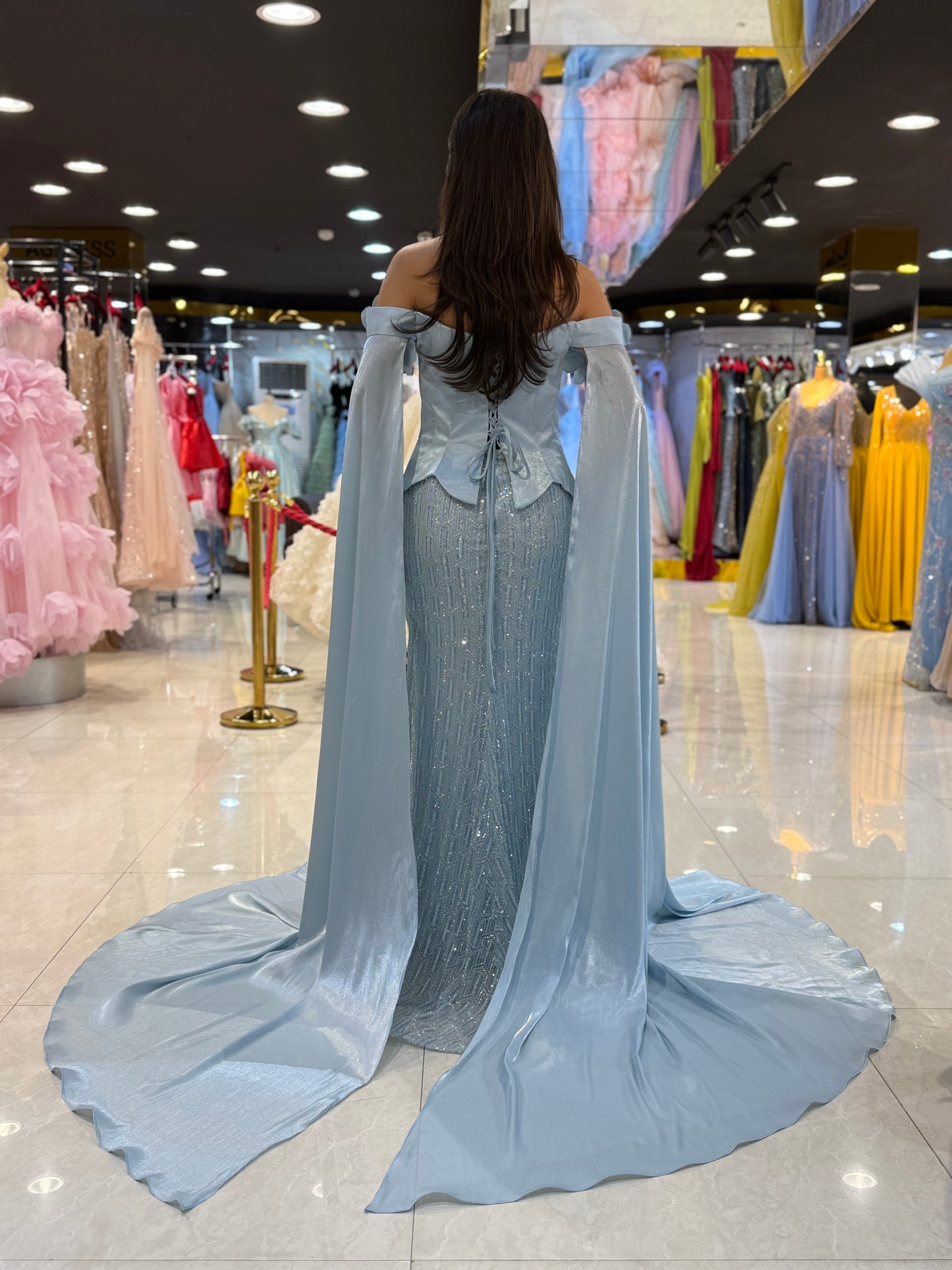 Elegant Off-Shoulder Embellished Evening Gown with Draped Sleeves