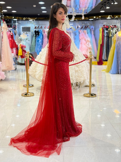 Elegant Beaded Cape Sleeve Evening Gown