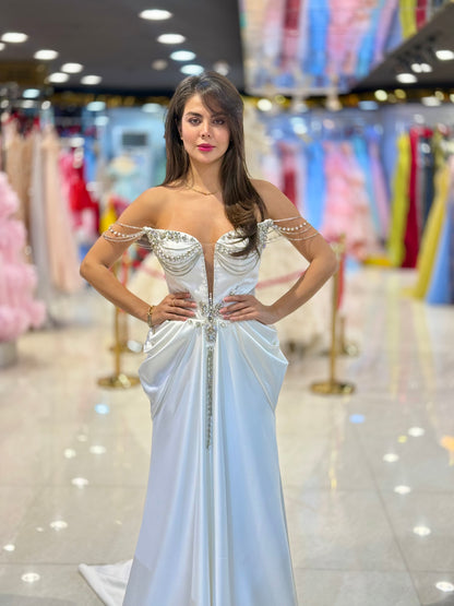 Elegant Pearl-Embellished Off-Shoulder Wedding Dress