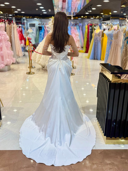 Elegant Pearl-Embellished Off-Shoulder Wedding Dress