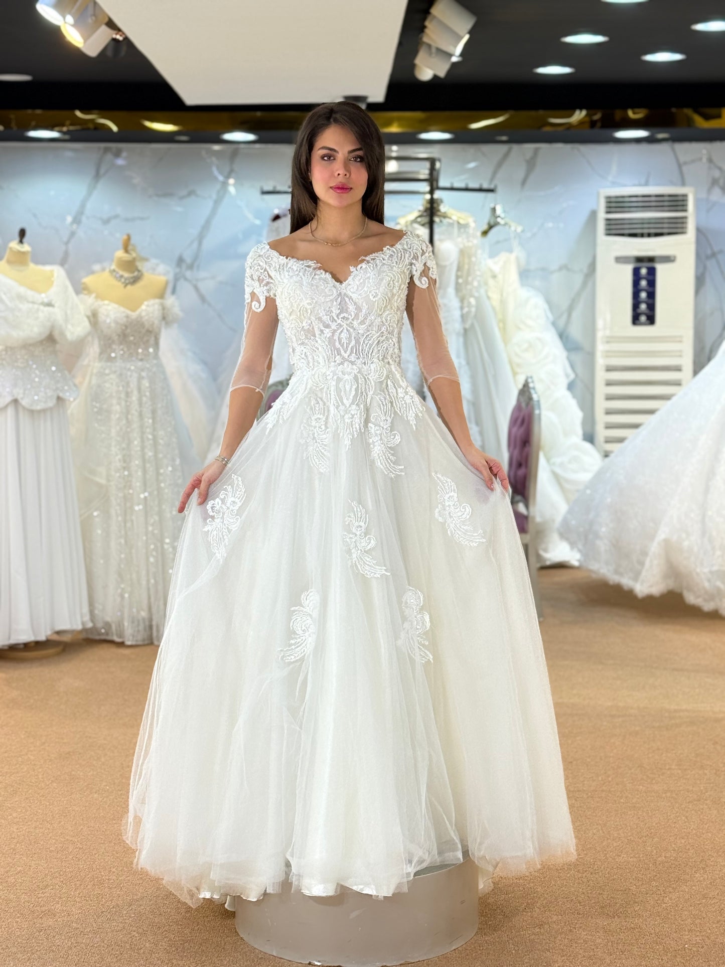 Elegant Lace Bridal Gown with Sheer Sleeves