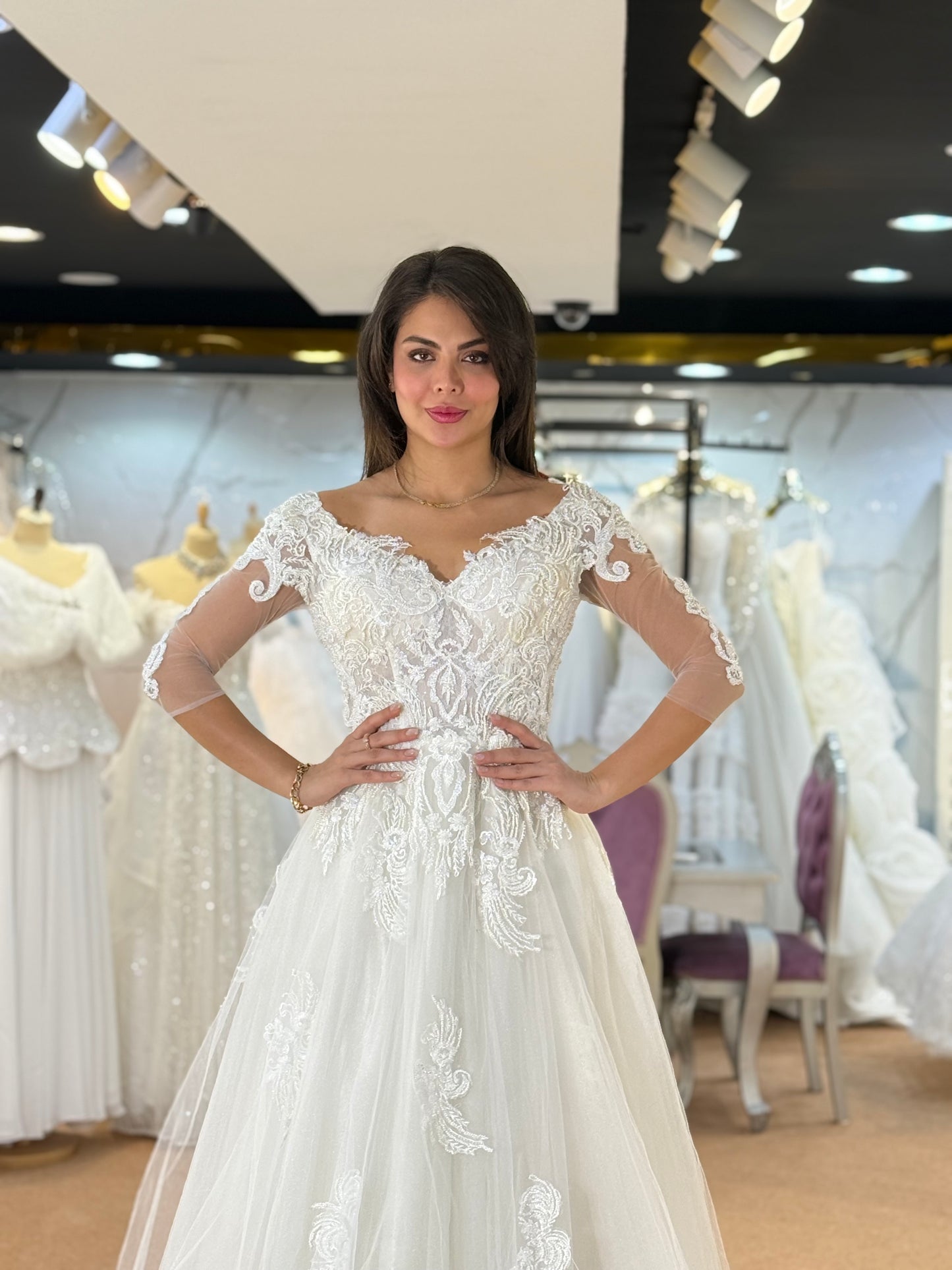 Elegant Lace Bridal Gown with Sheer Sleeves