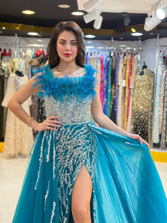 Teal Embellished Evening Gown