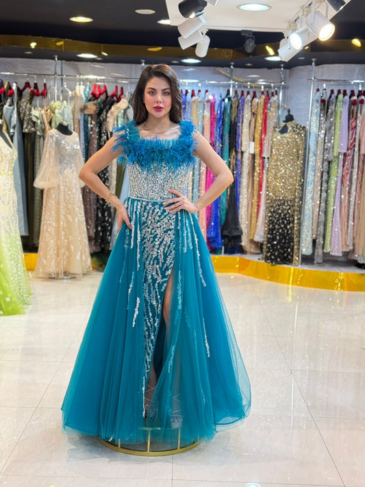 Teal Embellished Evening Gown