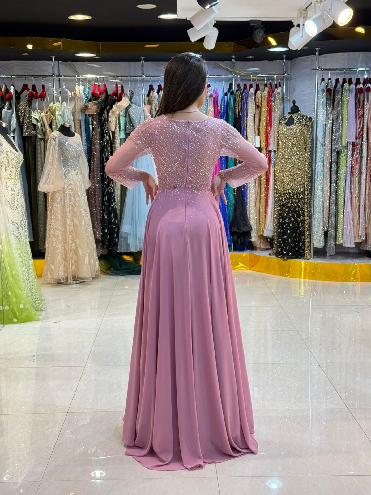 Embellished Long Sleeve Evening Gown