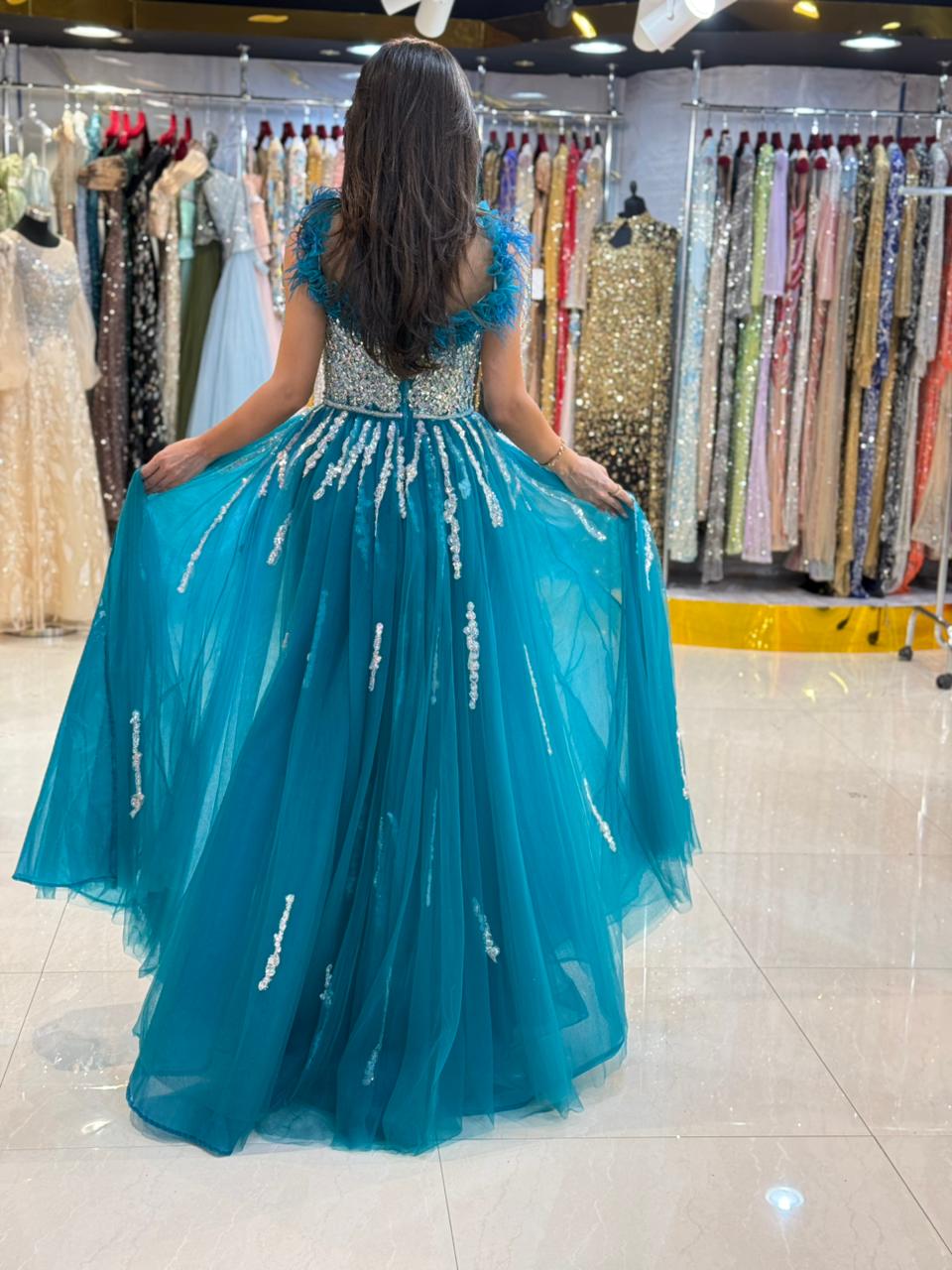 Teal Embellished Evening Gown