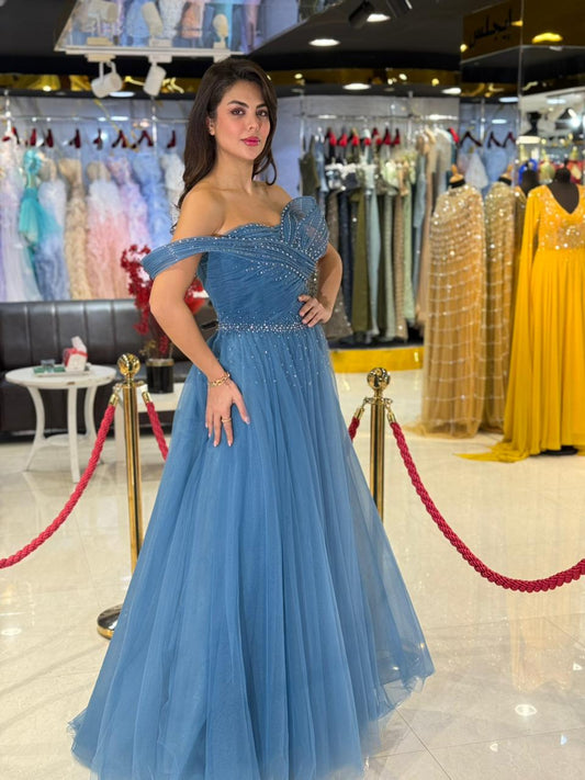 Blue Off-Shoulder Embellished Tulle Evening Gown