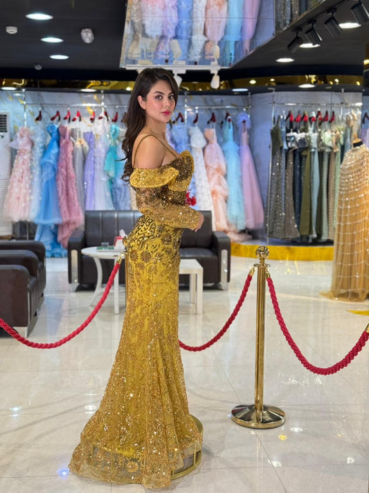 Gold Off-Shoulder Crystal Evening Gown