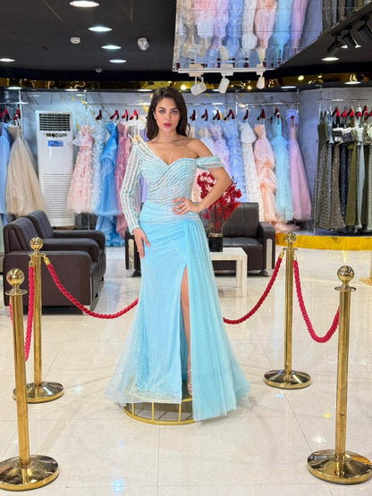Light Blue One-Shoulder Evening Gown