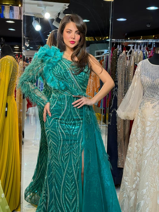 Emerald Green One-Shoulder Beaded Evening Gown.