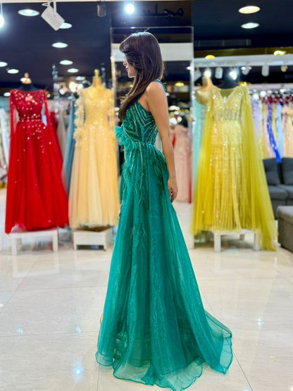 Emerald Green One-Shoulder Beaded Evening Gown.