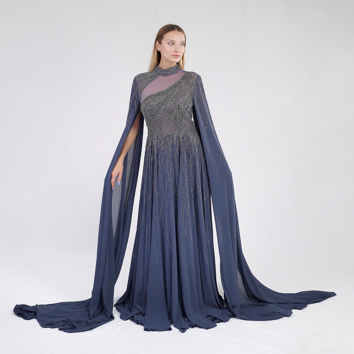 Teal Embellished Cape Gown – Elegant Evening