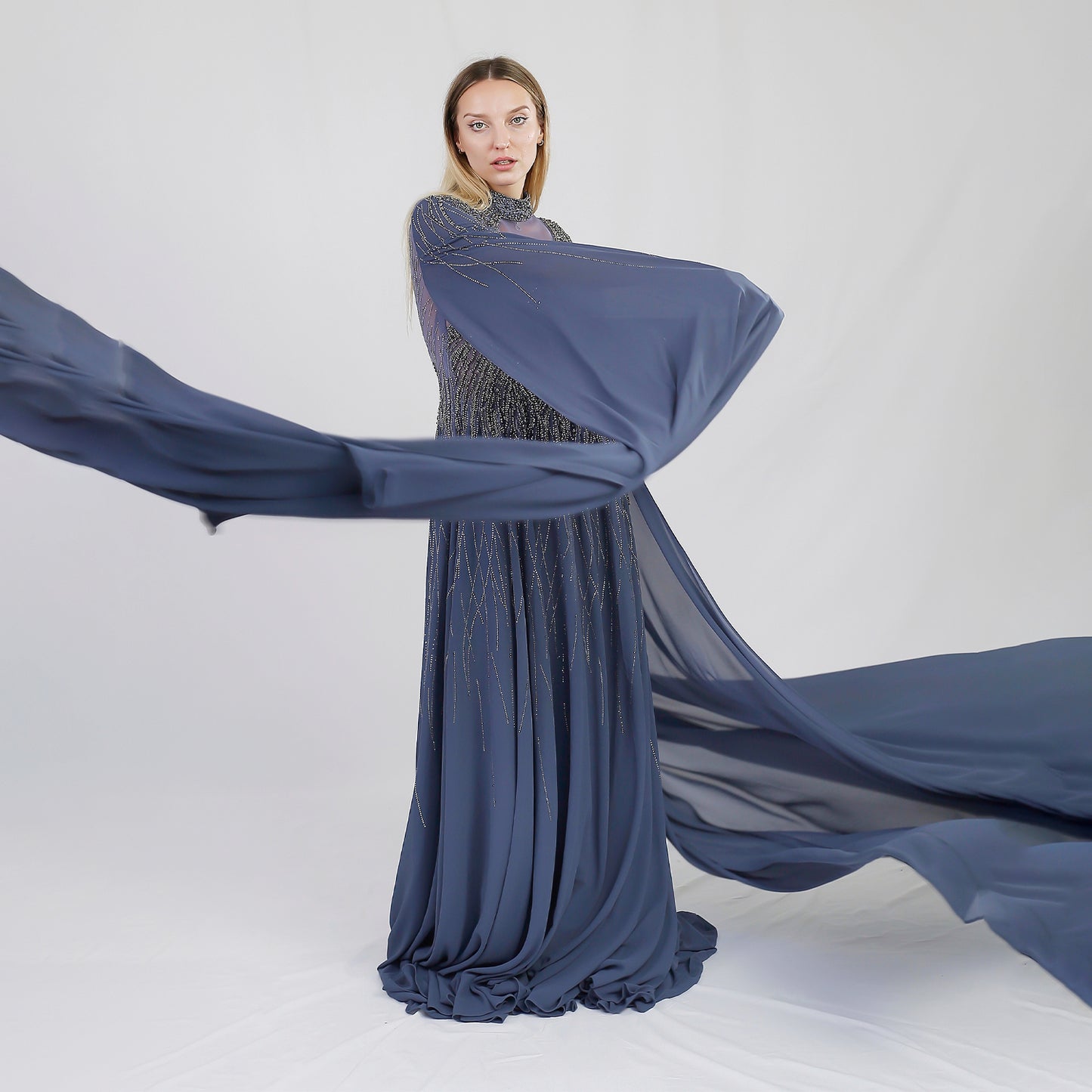 Teal Embellished Cape Gown – Elegant Evening